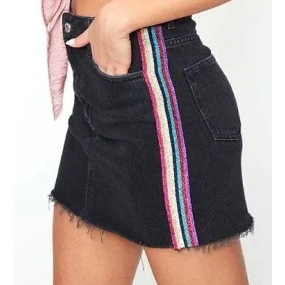 Topshop Moto Black Denim Rainbow Glitter Stripe Cut Off Mini Skirt 4